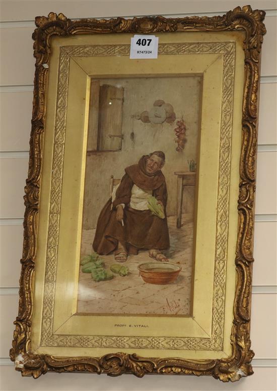Professor E. Vitali, watercolour, monk peeling vegetables, signed, 34 x 16cm
